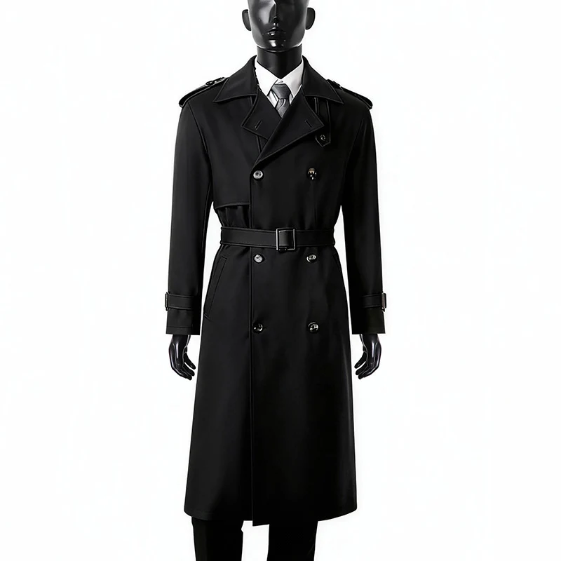 Herren Zeitloser Doppelreihiger Trenchcoat mit Taillengürtel, Schulterklappen und Manschettenriemen Nord Taschen