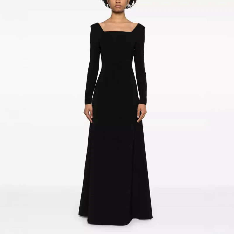 Damen Maxilanges Abendkleid im minimalistischen A-Linien-Schnitt mit quadratischem Ausschnitt und langen Ärmeln Nord Taschen