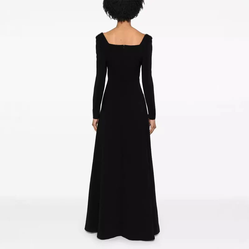 Damen Maxilanges Abendkleid im minimalistischen A-Linien-Schnitt mit quadratischem Ausschnitt und langen Ärmeln Nord Taschen