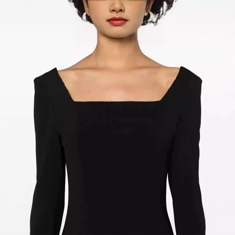 Damen Maxilanges Abendkleid im minimalistischen A-Linien-Schnitt mit quadratischem Ausschnitt und langen Ärmeln Nord Taschen