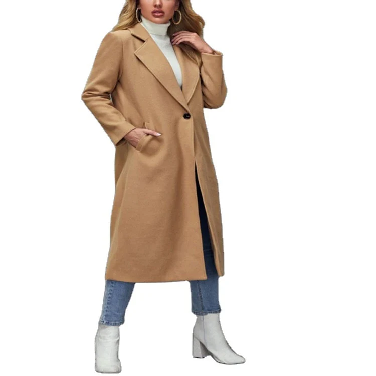 Damen Maxilanger Wollmix-Classiccoat mit minimalistischer Taillierung und verdeckter Knopfleiste Nord Taschen