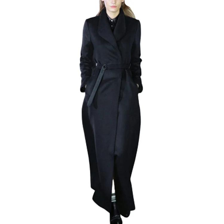 Damen Maxilanger taillierter Wickel-Longcoat mit Schalkragen und feinem Bindegürtel Nord Taschen