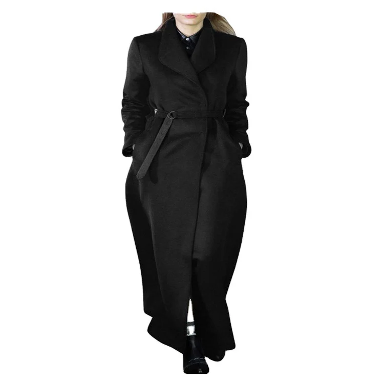 Damen Maxilanger taillierter Wickel-Longcoat mit Schalkragen und feinem Bindegürtel Nord Taschen