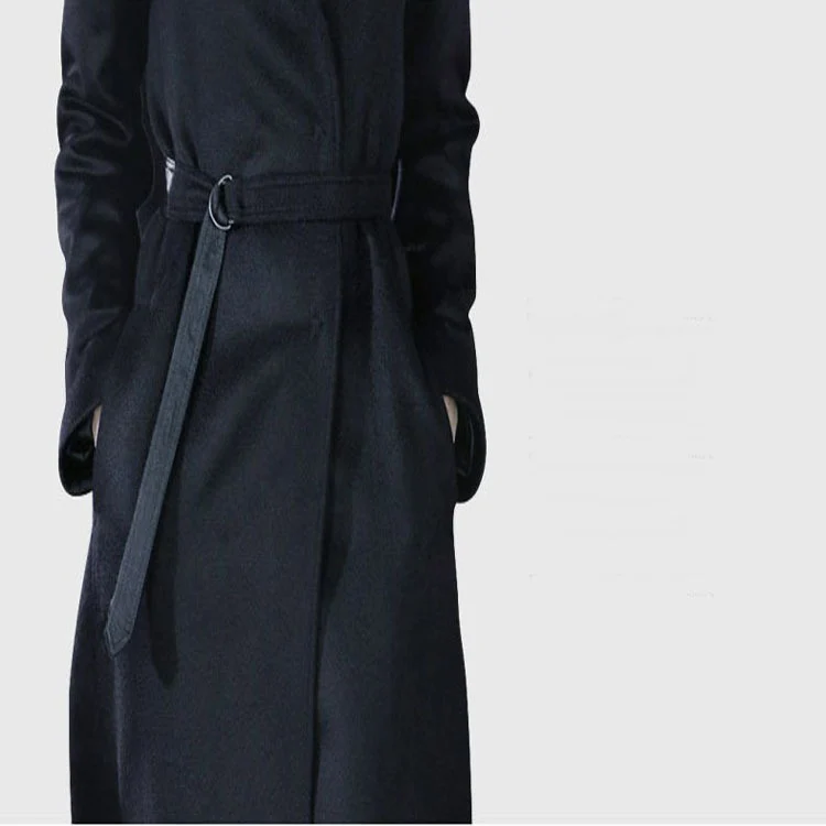 Damen Maxilanger taillierter Wickel-Longcoat mit Schalkragen und feinem Bindegürtel Nord Taschen
