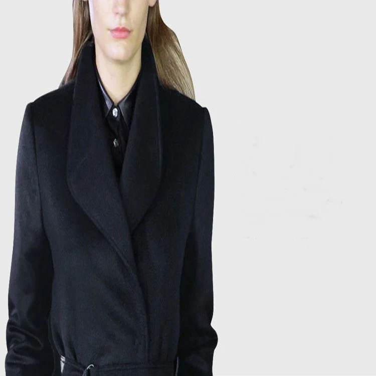 Damen Maxilanger taillierter Wickel-Longcoat mit Schalkragen und feinem Bindegürtel Nord Taschen