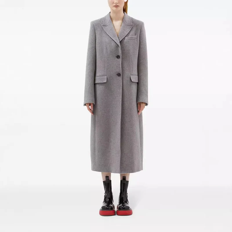 Damen Maxilanger Einreihiger Longcoat im minimalistischen Tailoring mit Pattentaschen Nord Taschen