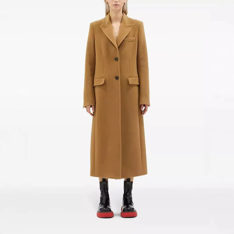 Damen Maxilanger Einreihiger Longcoat im minimalistischen Tailoring mit Pattentaschen Nord Taschen