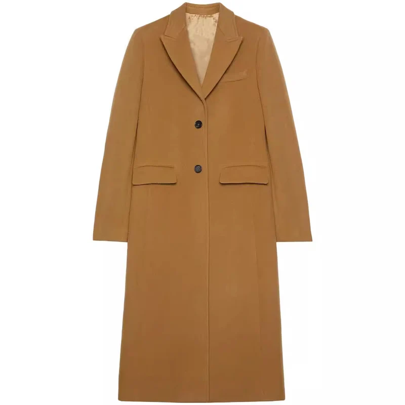 Damen Maxilanger Einreihiger Longcoat im minimalistischen Tailoring mit Pattentaschen Nord Taschen