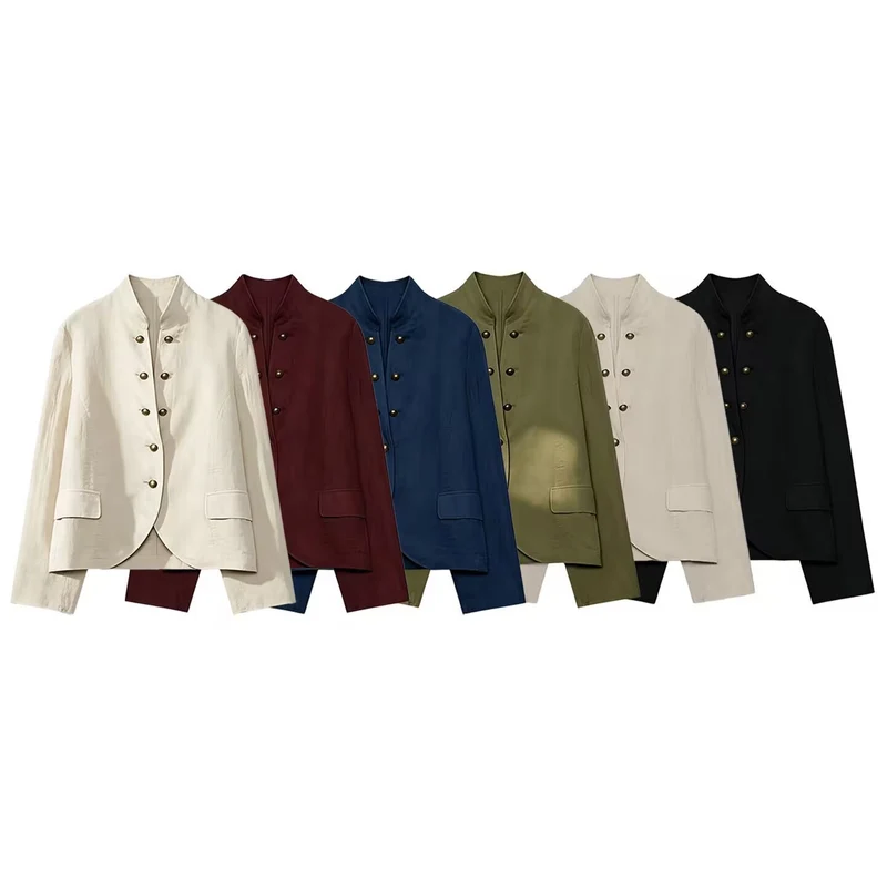 Damen Kurzblazer im Military-Stil mit Stehkragen und dekorativen Metallknöpfen Nord Taschen