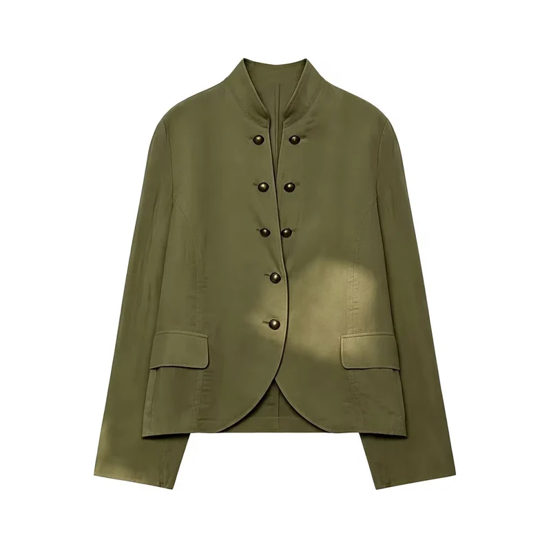 Damen Kurzblazer im Military-Stil mit Stehkragen und dekorativen Metallknöpfen Nord Taschen