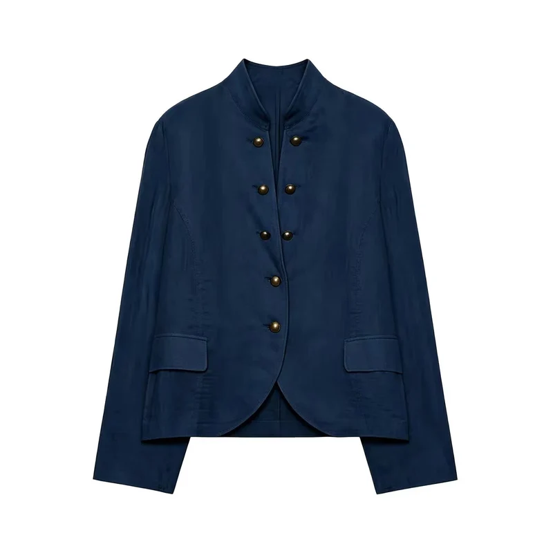 Damen Kurzblazer im Military-Stil mit Stehkragen und dekorativen Metallknöpfen Nord Taschen