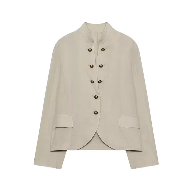 Damen Kurzblazer im Military-Stil mit Stehkragen und dekorativen Metallknöpfen Nord Taschen