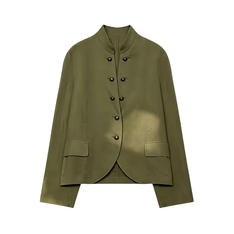 Damen Kurzblazer im Military-Stil mit Stehkragen und dekorativen Metallknöpfen Nord Taschen