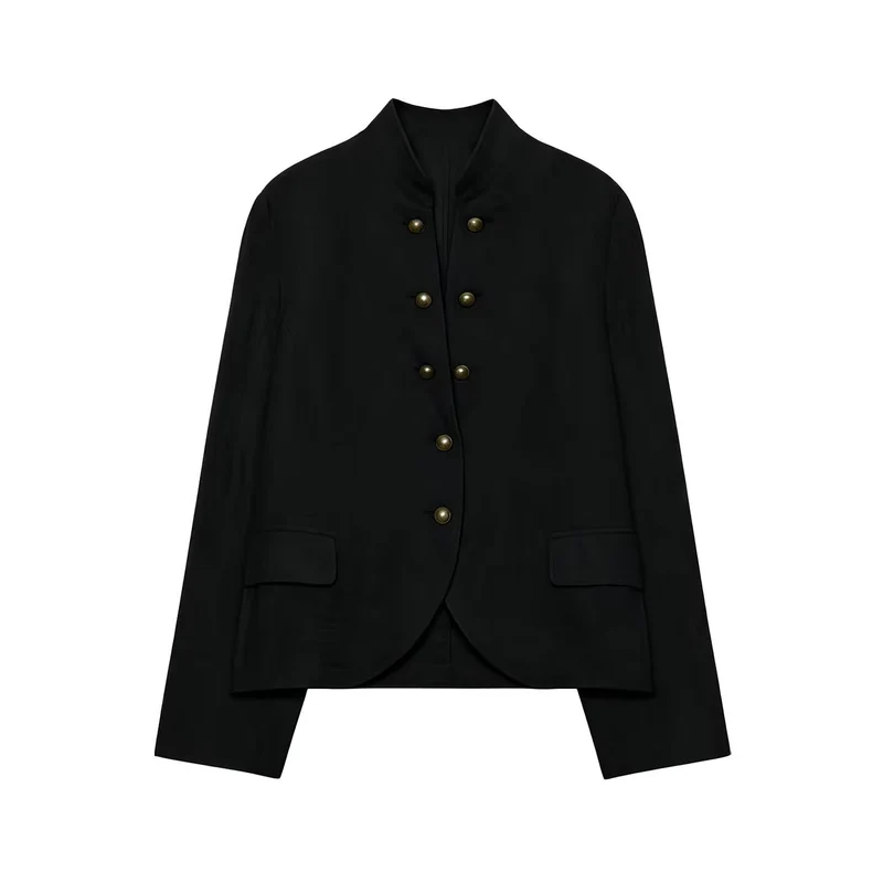 Damen Kurzblazer im Military-Stil mit Stehkragen und dekorativen Metallknöpfen Nord Taschen