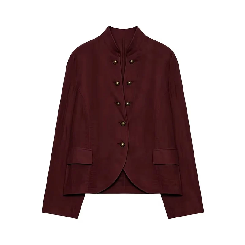 Damen Kurzblazer im Military-Stil mit Stehkragen und dekorativen Metallknöpfen Nord Taschen