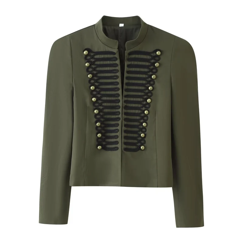 Damen Kurzblazer im Militärstil mit dekorativer Kordelapplikation und Stehkragen Nord Taschen