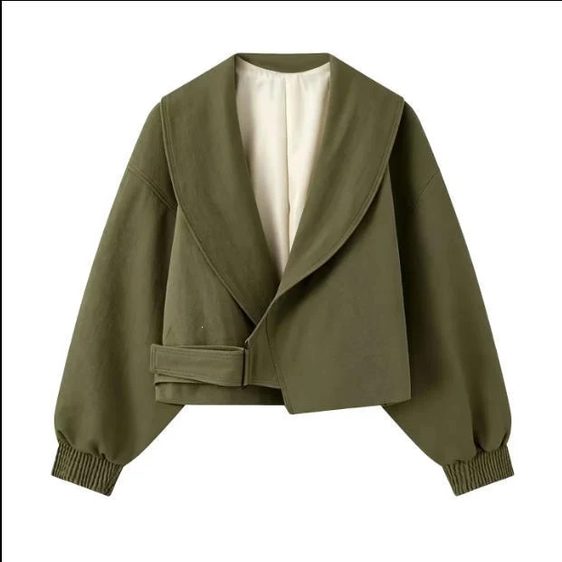 Damen Kurz geschnittener Wickelblazer mit Ballonärmeln und Taillenriegel Nord Taschen