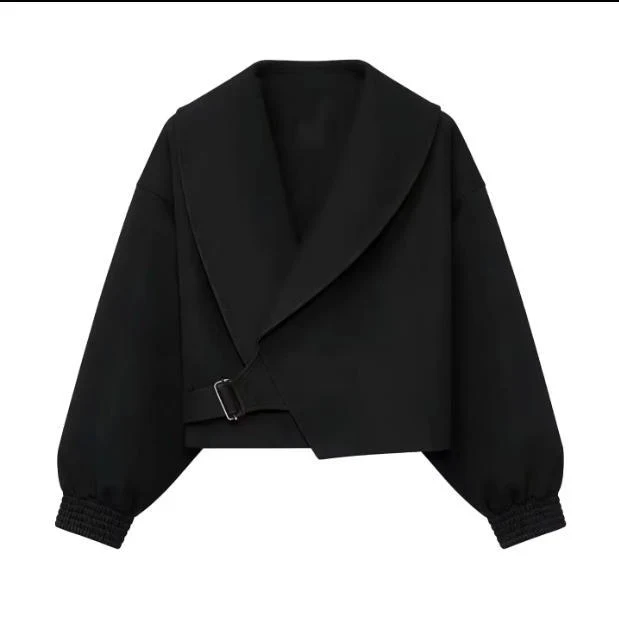 Damen Kurz geschnittener Wickelblazer mit Ballonärmeln und Taillenriegel Nord Taschen