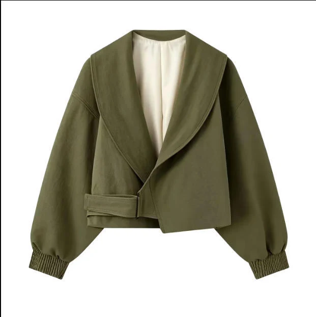Damen Kurz geschnittener Wickelblazer mit Ballonärmeln und Taillenriegel Nord Taschen