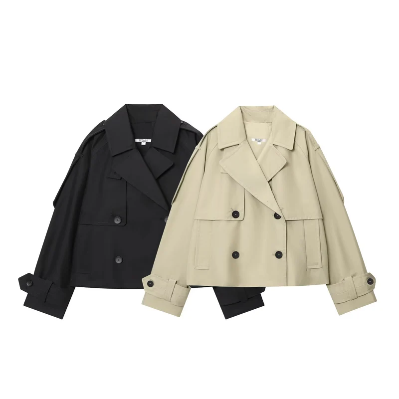 Damen Kurz geschnittener Trench mit kastiger Silhouette, Schulterpatten und breiten Manschetten Nord Taschen