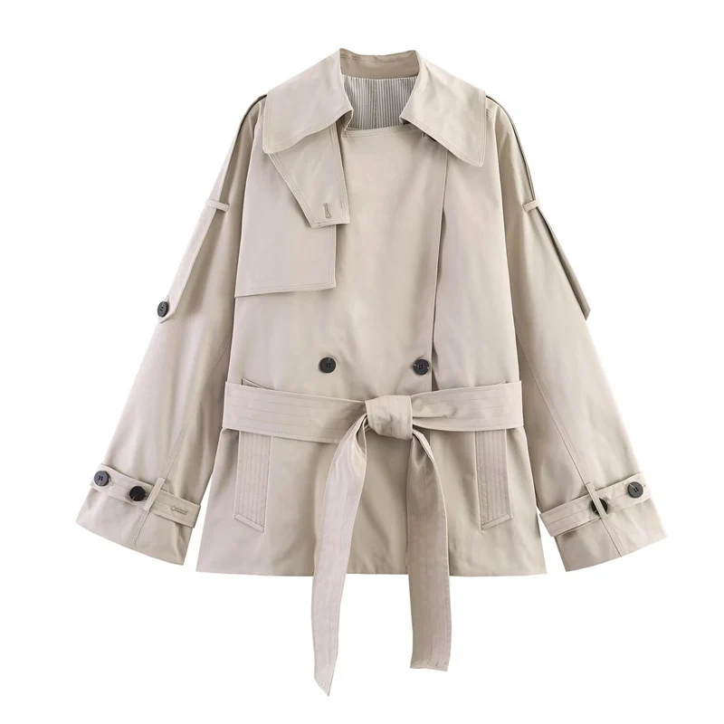 Damen Kurz geschnittener Oversized Trenchcoat mit Taillengürtel und doppelreihiger Knopfleiste Nord Taschen