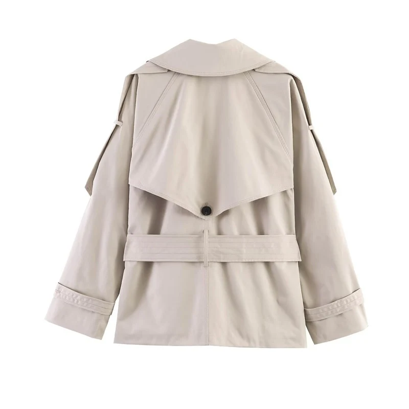 Damen Kurz geschnittener Oversized Trenchcoat mit Taillengürtel und doppelreihiger Knopfleiste Nord Taschen