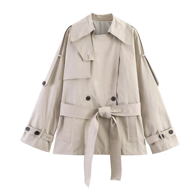 Damen Kurz geschnittener Oversized Trenchcoat mit Taillengürtel und doppelreihiger Knopfleiste Nord Taschen
