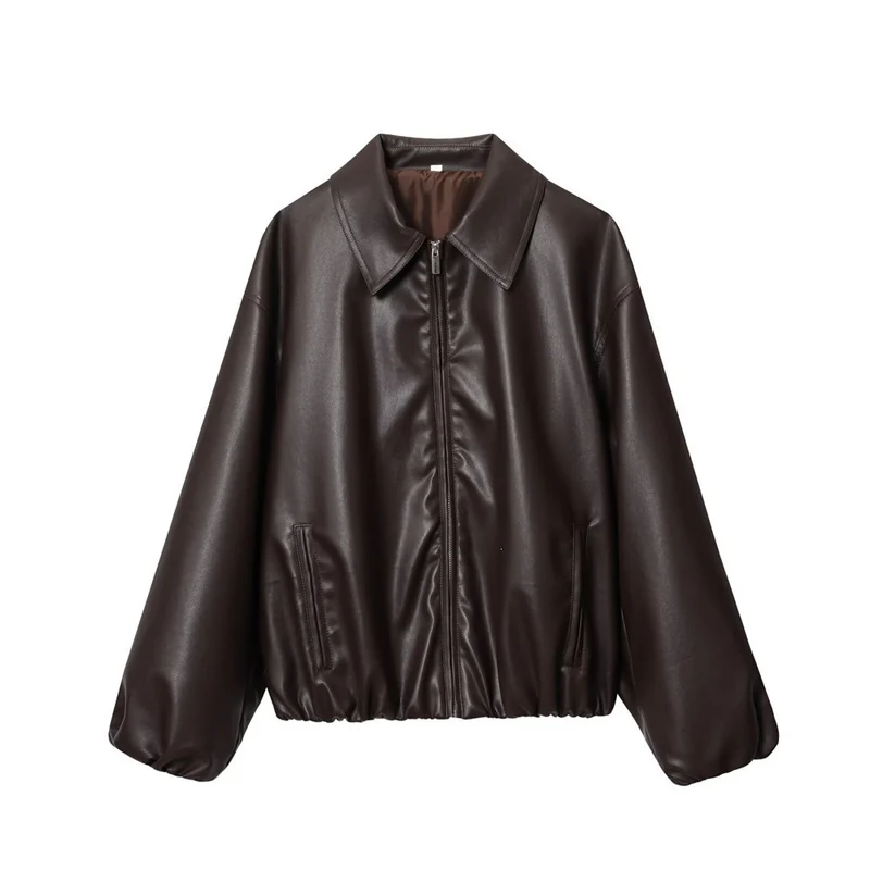 Damen Kurz geschnittener Oversize‑Blouson aus veganem Kunstleder mit Hemdkragen und elastischem Saum Nord Taschen