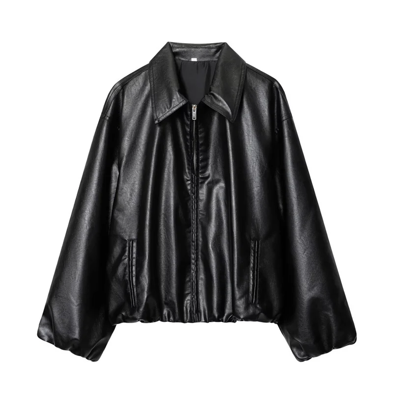 Damen Kurz geschnittener Oversize‑Blouson aus veganem Kunstleder mit Hemdkragen und elastischem Saum Nord Taschen