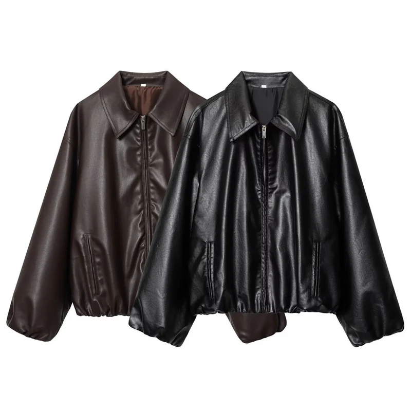 Damen Kurz geschnittener Oversize‑Blouson aus veganem Kunstleder mit Hemdkragen und elastischem Saum Nord Taschen