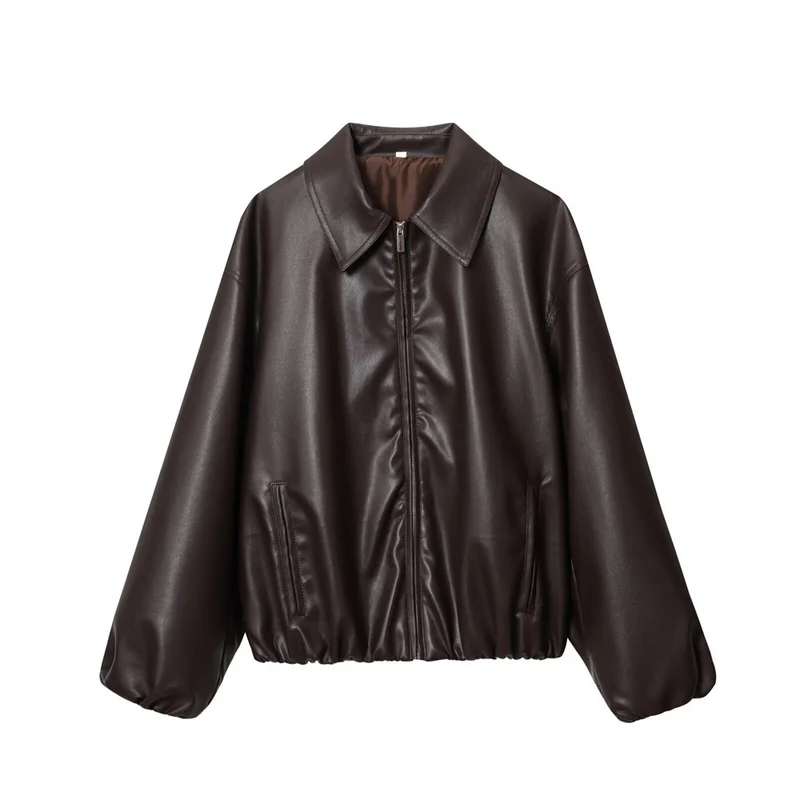 Damen Kurz geschnittener Oversize‑Blouson aus veganem Kunstleder mit Hemdkragen und elastischem Saum Nord Taschen