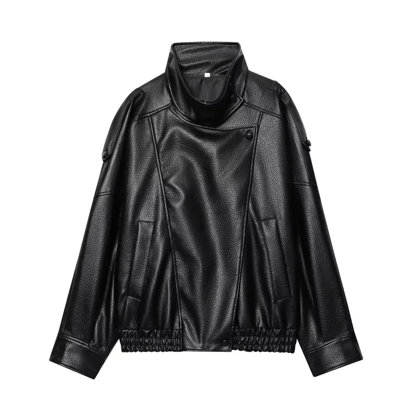 Damen Kurz geschnittener Lederblouson mit hohem Stehkragen, kastiger Silhouette und voluminösen Ärmeln Nord Taschen