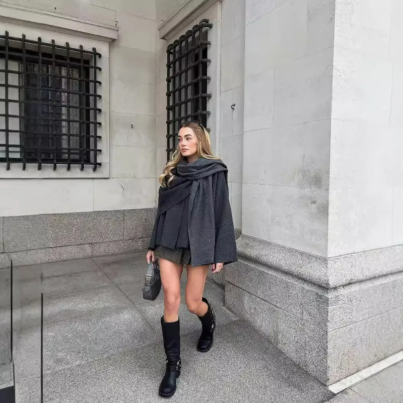 Damen Lagenlook-Poncho mit Ärmeln und Knopfkragen Nord Taschen