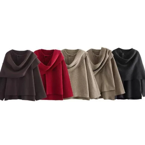 Damen Lagenlook-Poncho mit Ärmeln und Knopfkragen Nord Taschen