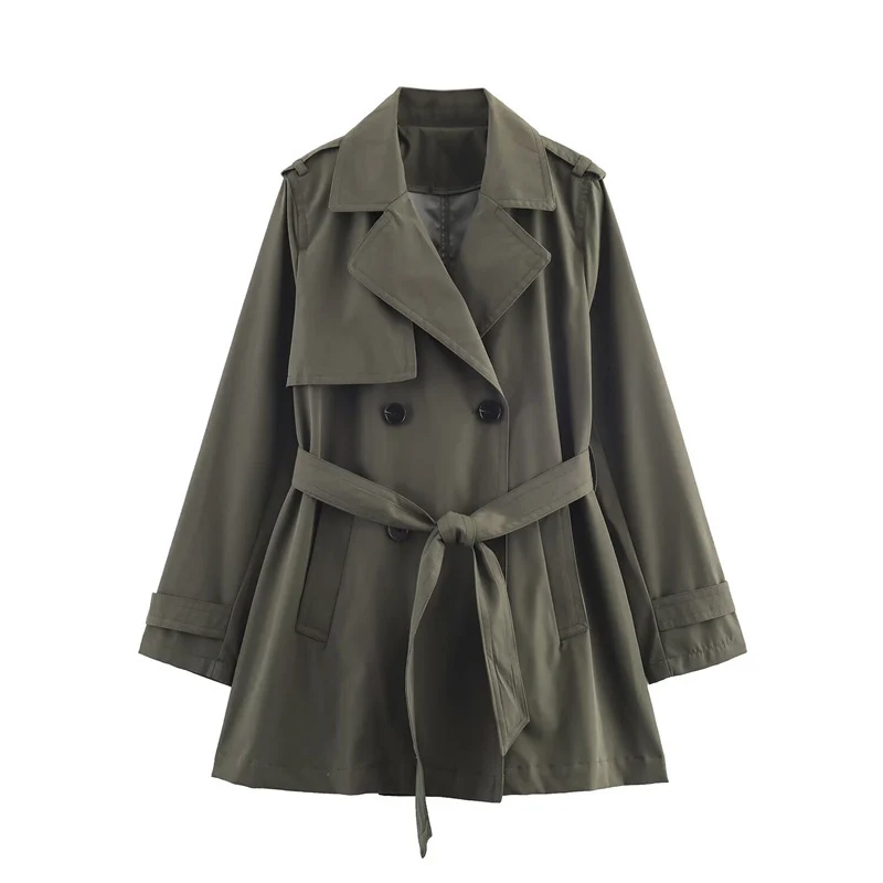 Damen Kurztrench mit A‑Linien‑Silhouette, doppelreihiger Knopfleiste, Bindegürtel und Schulterriegeln Nord Taschen