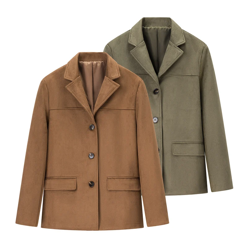 Damen Kurzmantel im Sakko-Stil aus Veloursimitat mit Reverskragen und Pattentaschen Nord Taschen