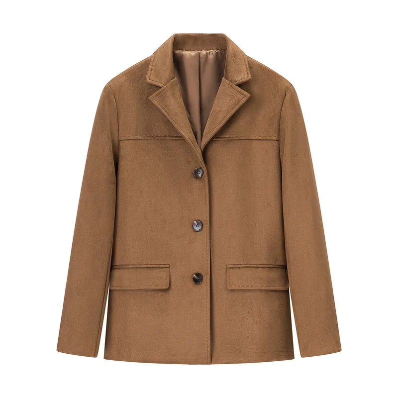 Damen Kurzmantel im Sakko-Stil aus Veloursimitat mit Reverskragen und Pattentaschen Nord Taschen