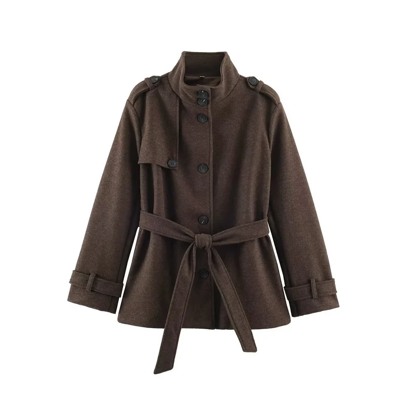 Damen Kurzmantel aus Wollmix mit Stehkragen, Schulterpatten und Bindegürtel Nord Taschen
