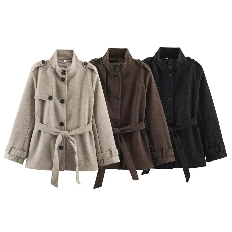 Damen Kurzmantel aus Wollmix mit Stehkragen, Schulterpatten und Bindegürtel Nord Taschen