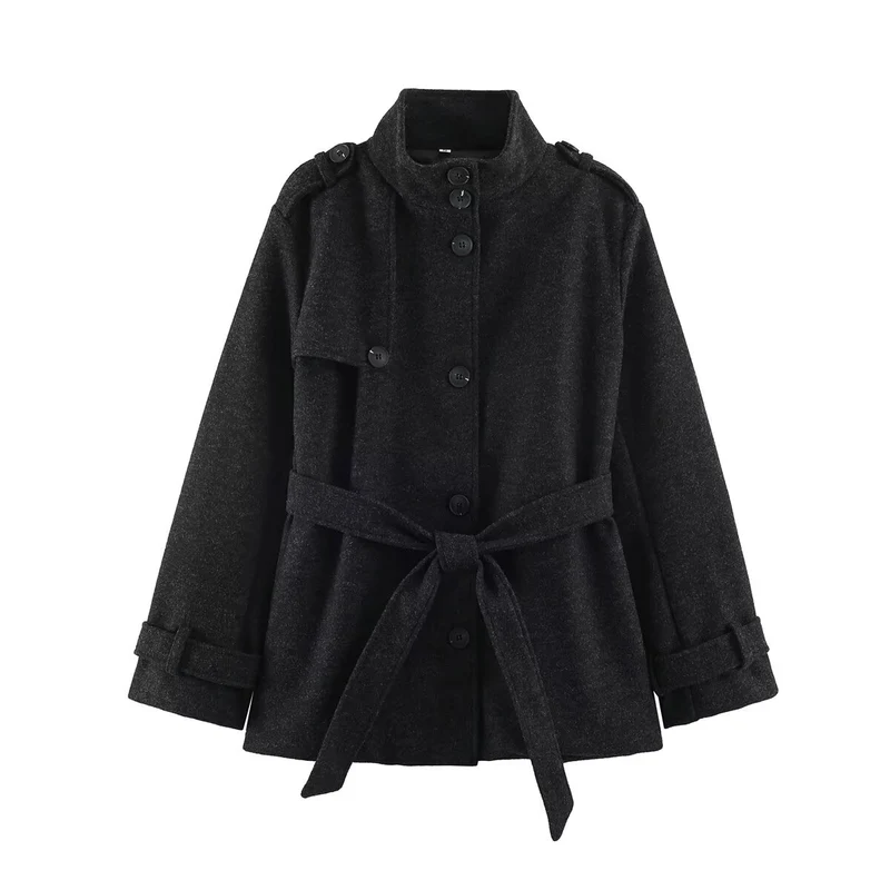 Damen Kurzmantel aus Wollmix mit Stehkragen, Schulterpatten und Bindegürtel Nord Taschen