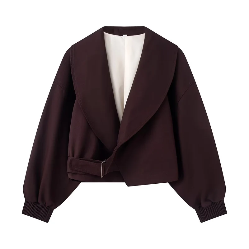 Damen Kurzjacke mit weitem Schalkragen, tailliertem Bindegürtel und Ballonärmeln Nord Taschen