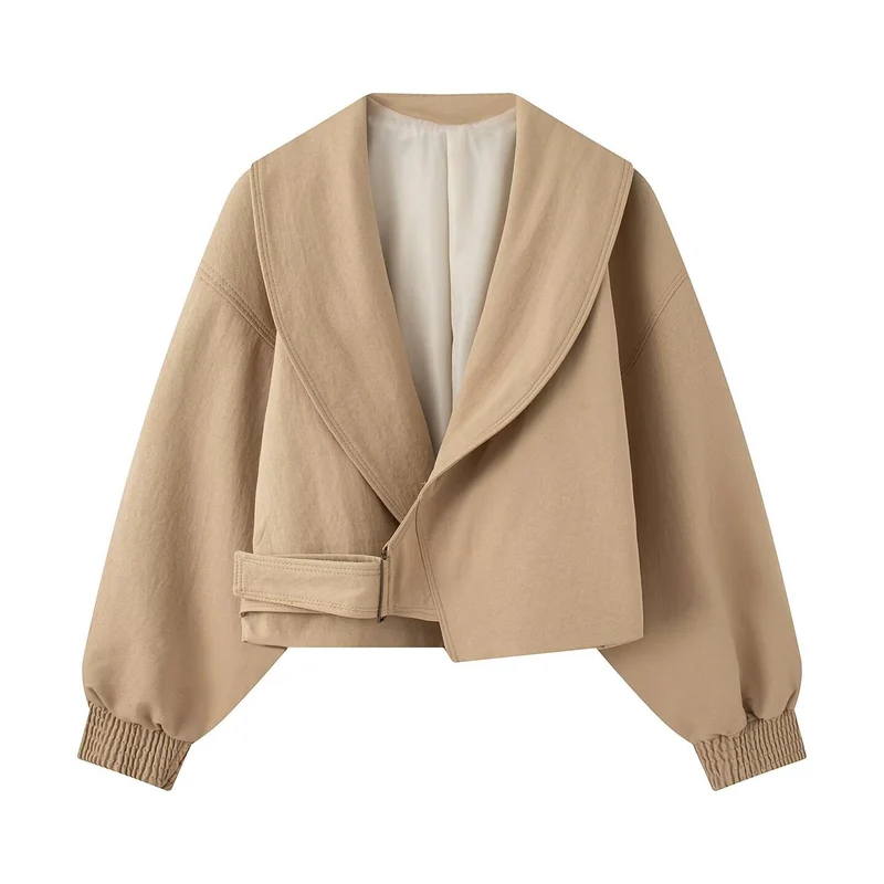 Damen Kurzjacke mit weitem Schalkragen, tailliertem Bindegürtel und Ballonärmeln Nord Taschen