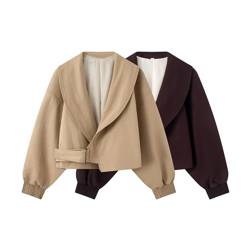 Damen Kurzjacke mit weitem Schalkragen, tailliertem Bindegürtel und Ballonärmeln Nord Taschen