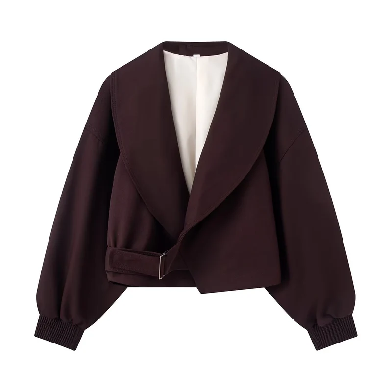 Damen Kurzjacke mit weitem Schalkragen, tailliertem Bindegürtel und Ballonärmeln Nord Taschen
