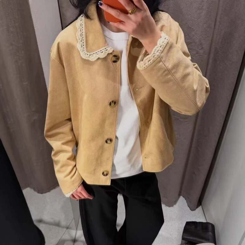 Damen Kurzjacke mit Häkelspitzenkragen und Spitzenmanschetten Nord Taschen