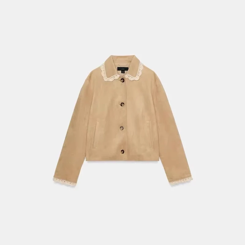 Damen Kurzjacke mit Häkelspitzenkragen und Spitzenmanschetten Nord Taschen