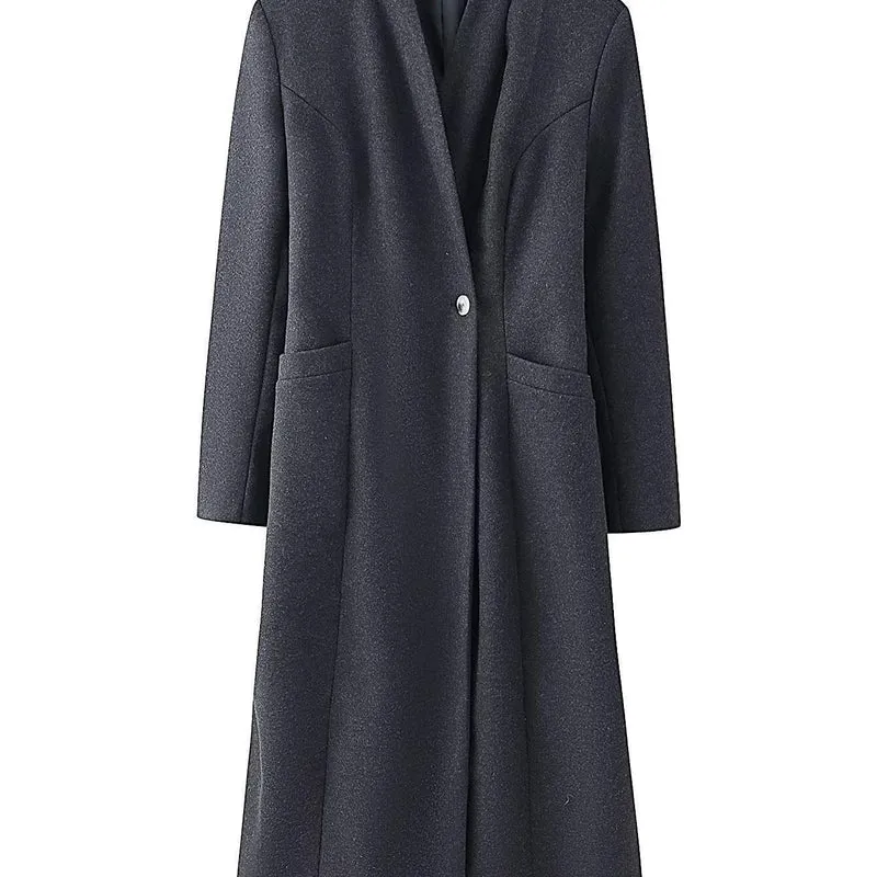 Damen Eleganter Wollmix-Langmantel mit schalkragenloser Optik und Ein-Knopf-Verschluss Nord Taschen