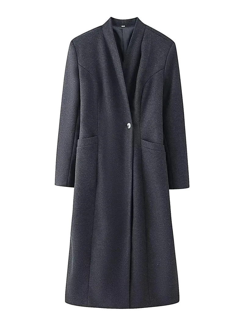 Damen Eleganter Wollmix-Langmantel mit schalkragenloser Optik und Ein-Knopf-Verschluss Nord Taschen