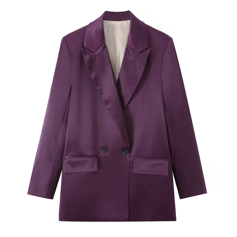 Damen Doppelreihiger Satin-Blazer mit spitzem Revers und Pattentaschen Nord Taschen