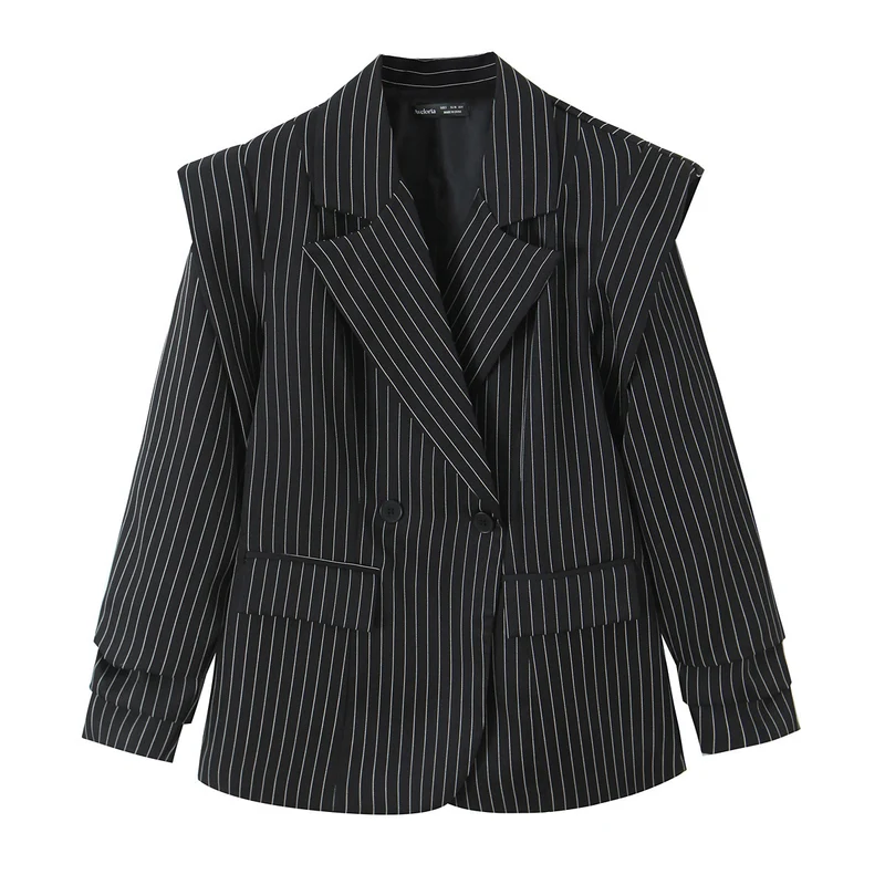 Damen Doppelreihiger Oversize-Blazer mit Nadelstreifen und markanten Schulterpolstern Nord Taschen